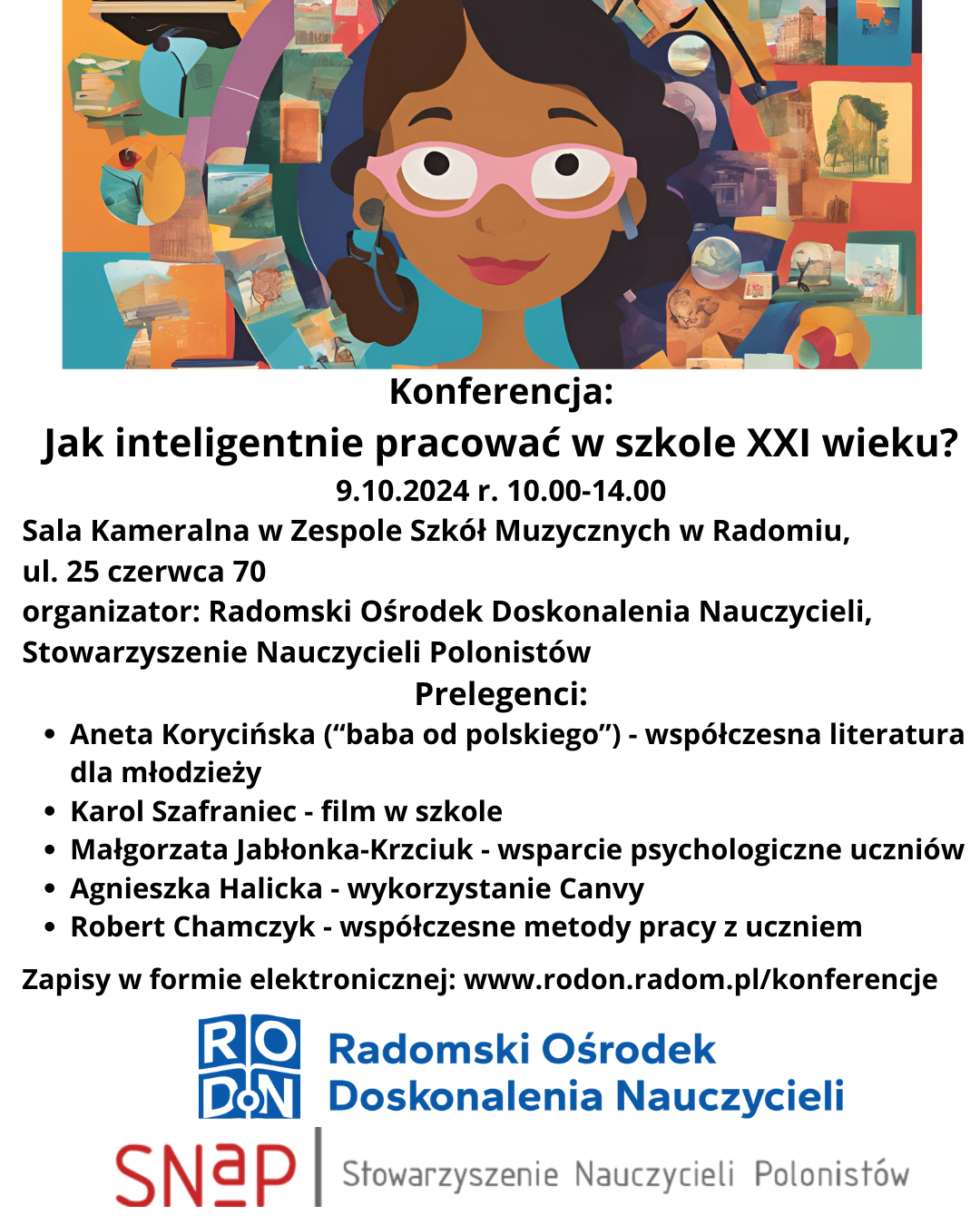 plakat dotyczący konferencji z informacjami o prowadzących, tematem konferencji oraz miejscem, datą i godziną rozpoczęcia.