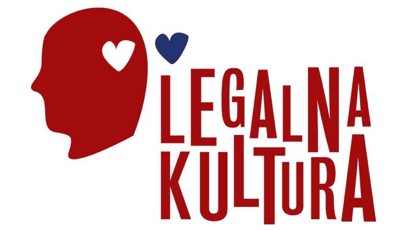 logo Legalna Kultura - na biaym tle szkic gowy z wycietym sercem. wyciete serce jest po lewej stronie gowy