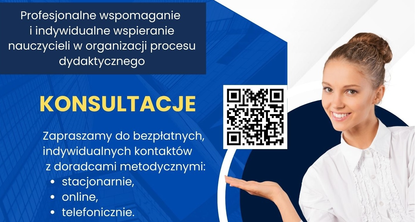 zdjęcie usmiechniętej kobiety. obok napis konsultacje i zapraszamy do bezpłatnych konsultacji